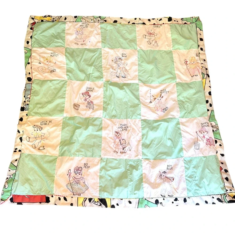 Vtg Nursery Rhyme Embroidered Quilt Reversible 101 Dalmatians Baby Blanket